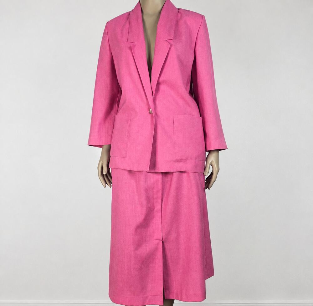 Vintage Pink Skirt Suit Blazer Midi Skirt 80s 90s Power Dressing Set Size 16